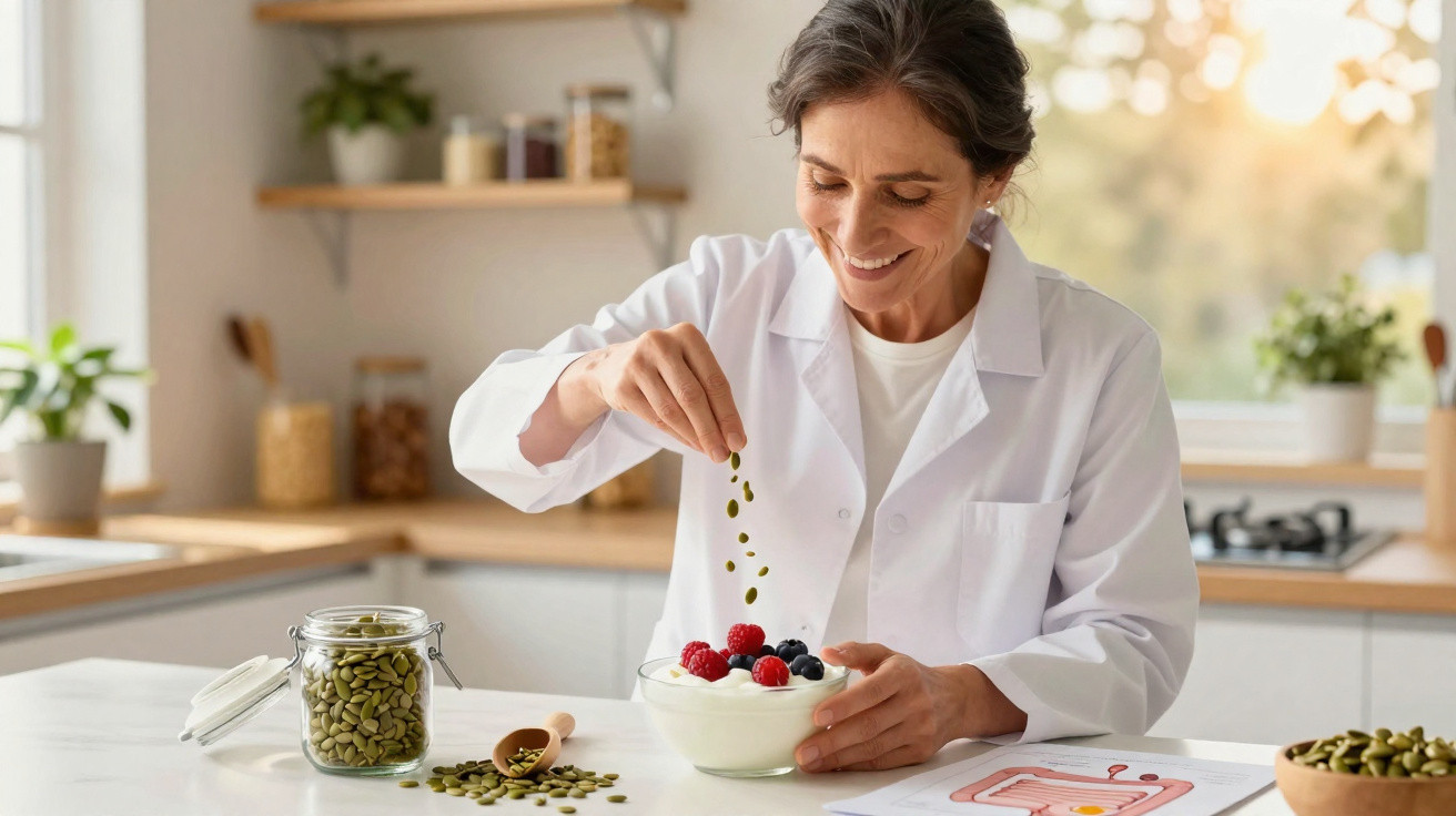 Mulher com bata branca a adicionar sementes num iogurte com frutos vermelhos numa cozinha iluminada.