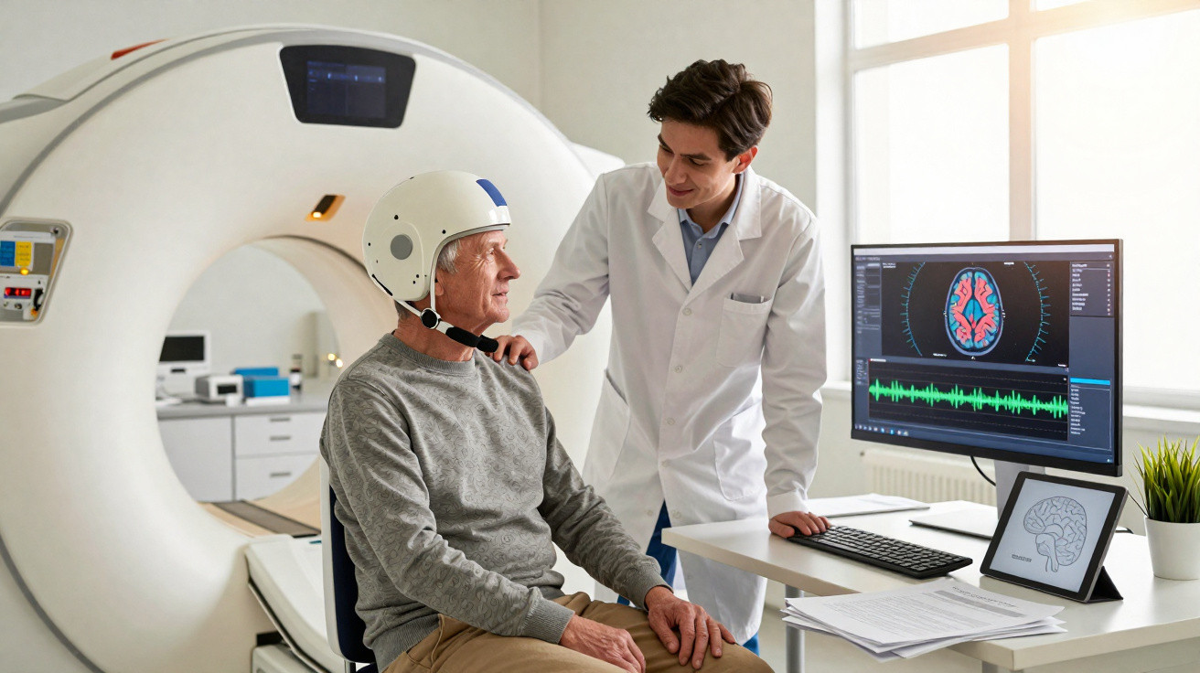 Idoso com capacete para exame cerebral conversa com médico junto a equipamento de imagiologia cerebral.