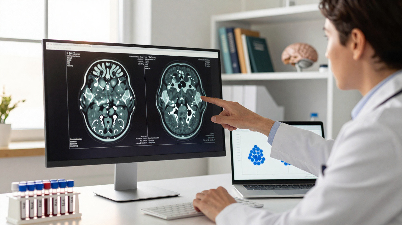 Médico analisa imagens de ressonância magnética do cérebro num ecrã de computador num consultório.
