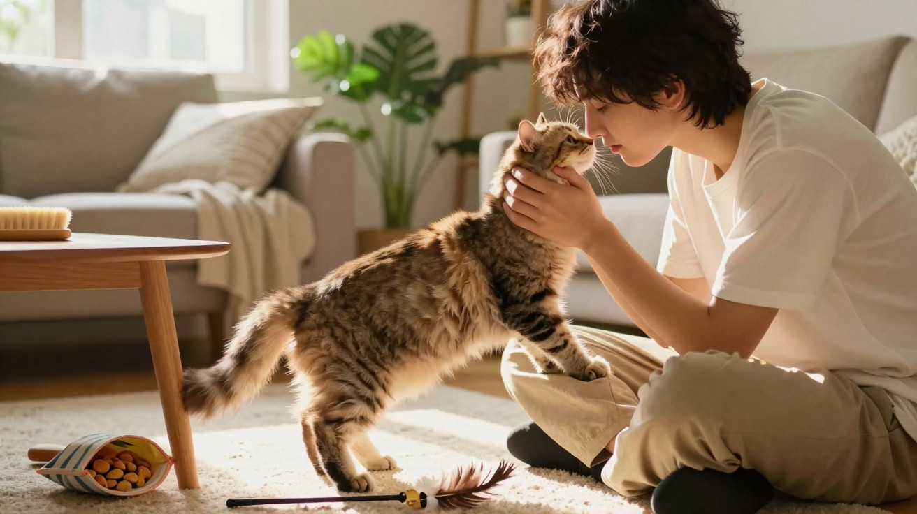Pessoa junto a um gato tigrado num ambiente acolhedor, com brinquedos espalhados no chão.
