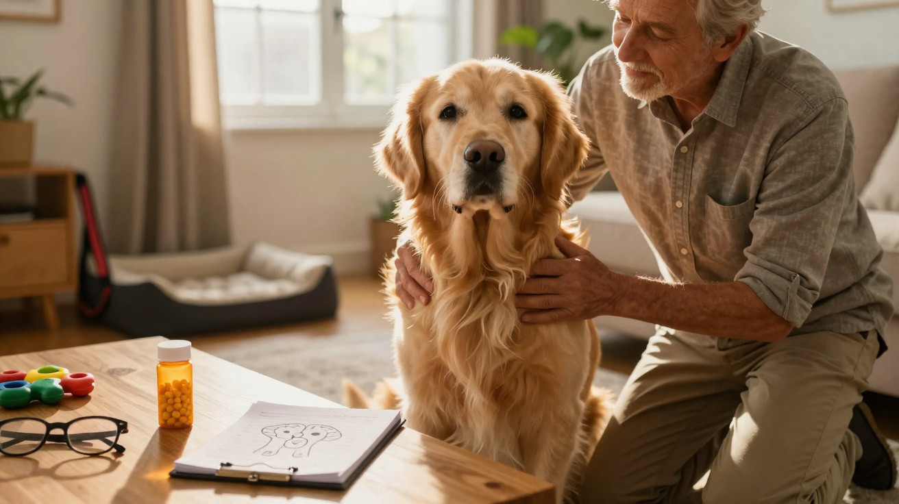 Homem idoso ao lado de cão golden retriever junto a mesa com medicamentos e desenho do cão em sala iluminada.