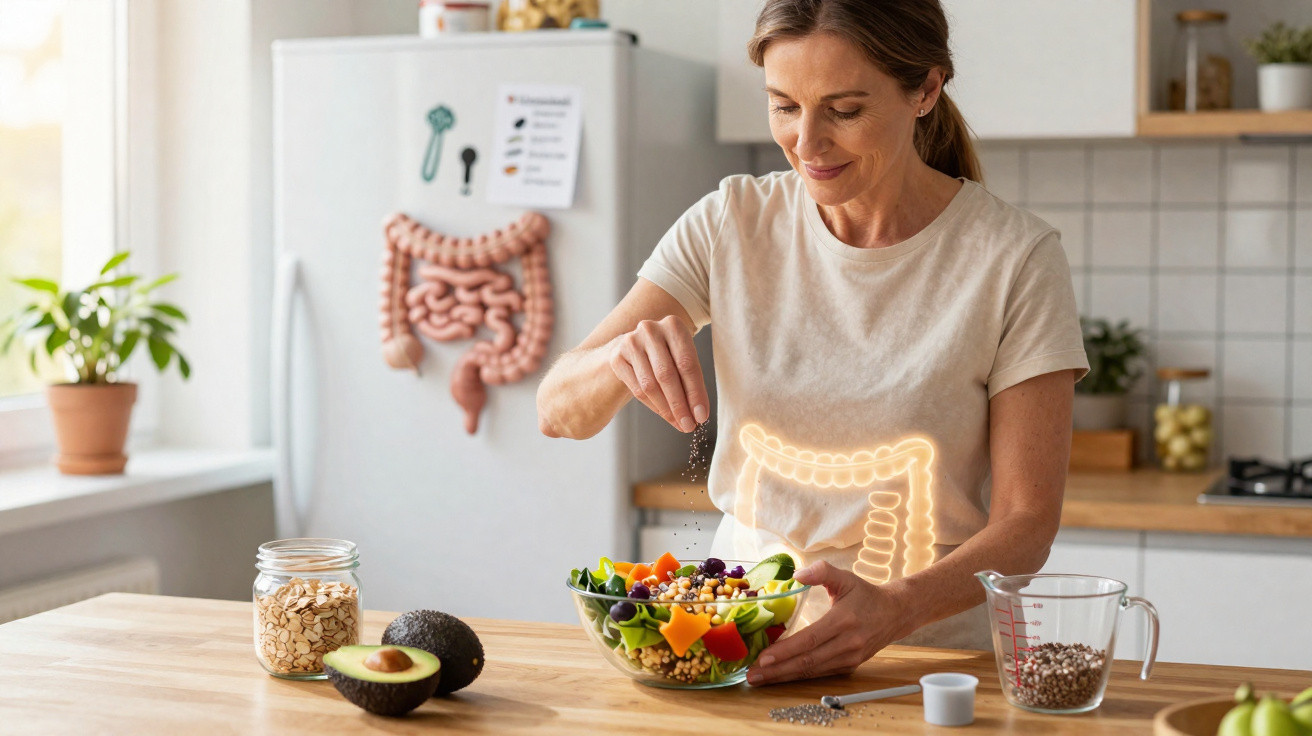 Mulher a temperar salada numa cozinha, com ilustração do intestino sobreposta ao seu tronco.