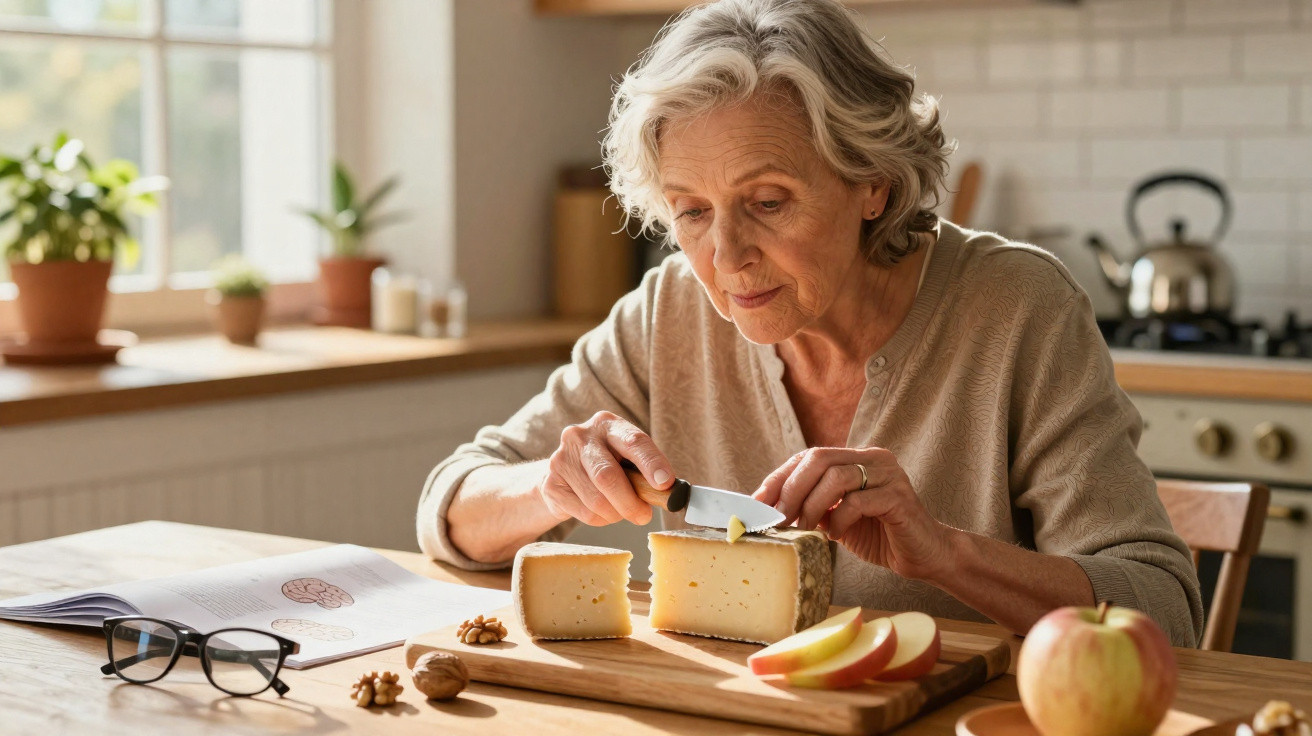 Mulher idosa corte queijo numa cozinha luminosa com maçãs, nozes e óculos numa mesa de madeira.