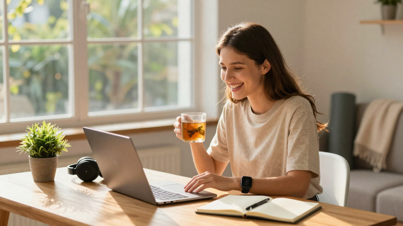 Mulher sorridente a trabalhar no computador com chá, caderno e auscultadores numa mesa junto à janela.