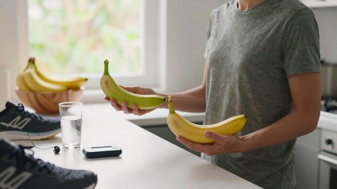 Pessoa de camiseta cinza a segurar duas bananas numa cozinha com ténis, um copo de água e um monitor de glicose na bancada.