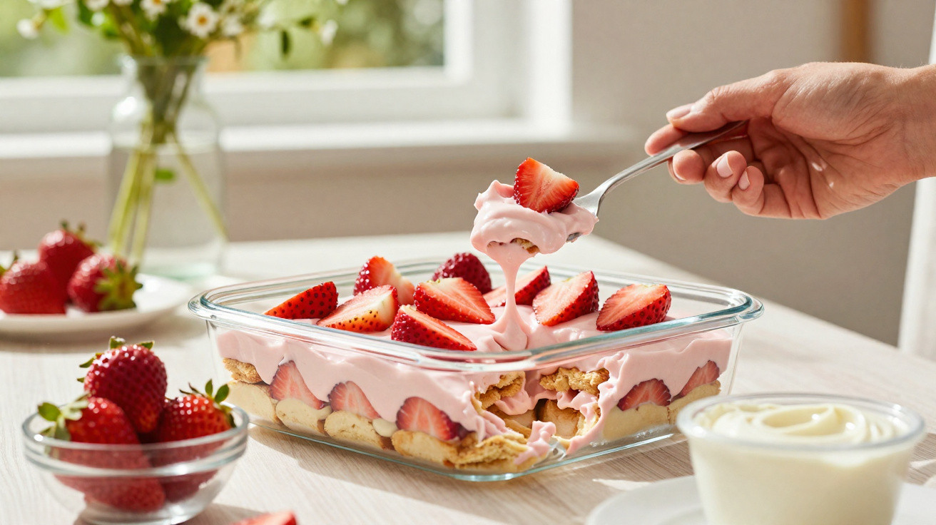 Sobremesa de morangos com creme rosa e bolachas num recipiente de vidro, mão a colherar.