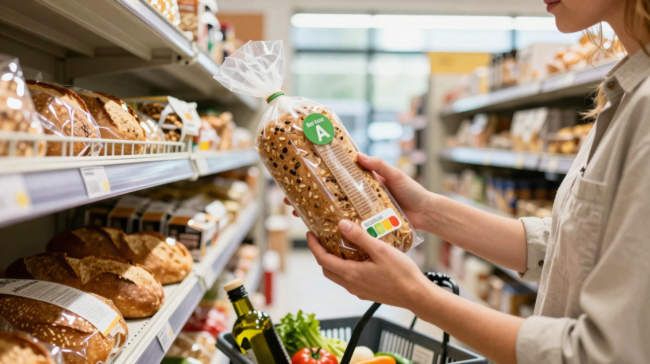 Pessoa a segurar embalagem de pão integral num supermercado junto a prateleiras com vários tipos de pão.