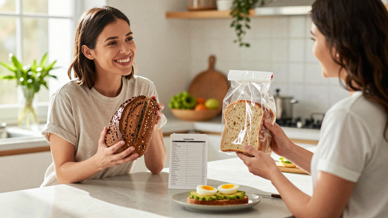 Duas mulheres em cozinha, uma a segurar pão integral e a outra pão fatiado em saco plástico.