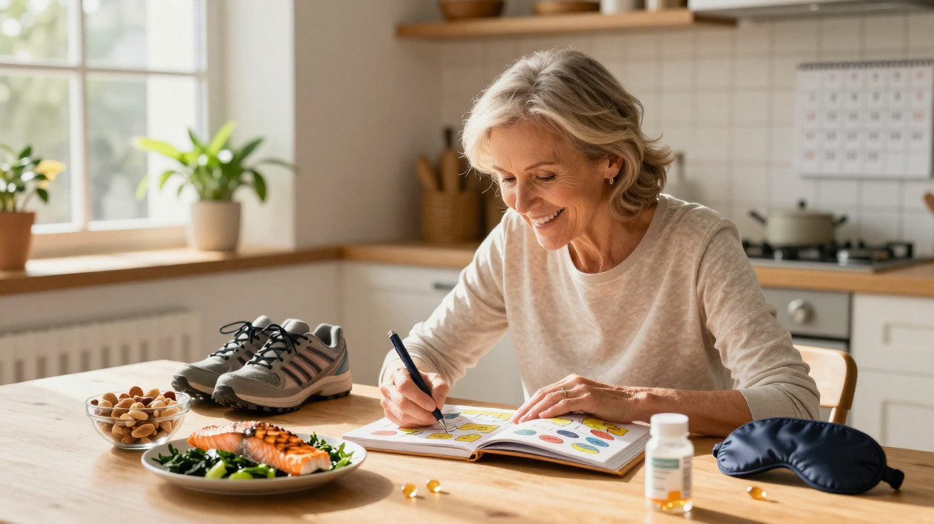 Mulher sénior sorridente a preencher livro de atividades na cozinha com comida saudável e ténis à frente.