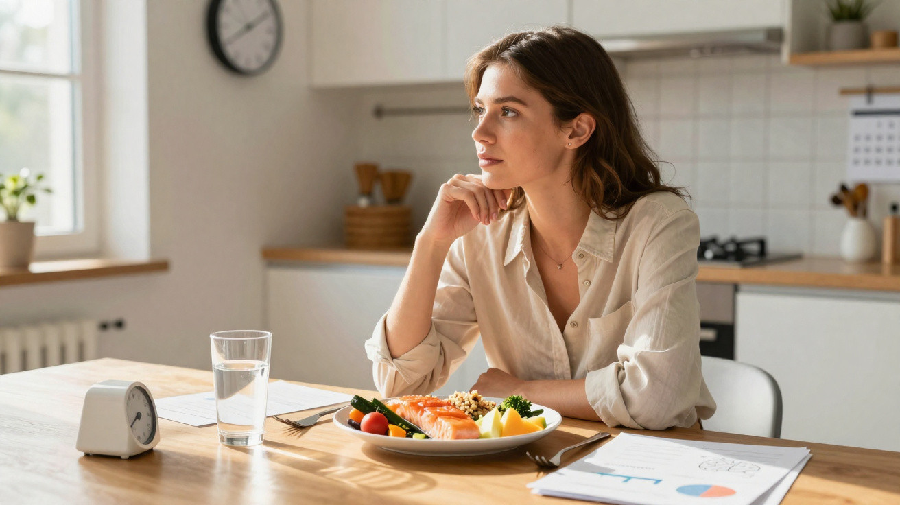 Mulher pensativa sentada à mesa na cozinha com prato de salmão, legumes e copo de água à sua frente.