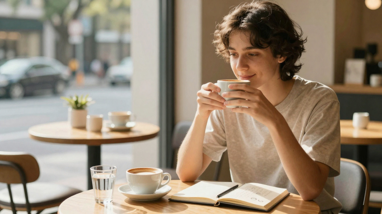 Jovem sentado numa cafetaria a sorrir, segurando uma chávena com um caderno e uma caneta à sua frente.