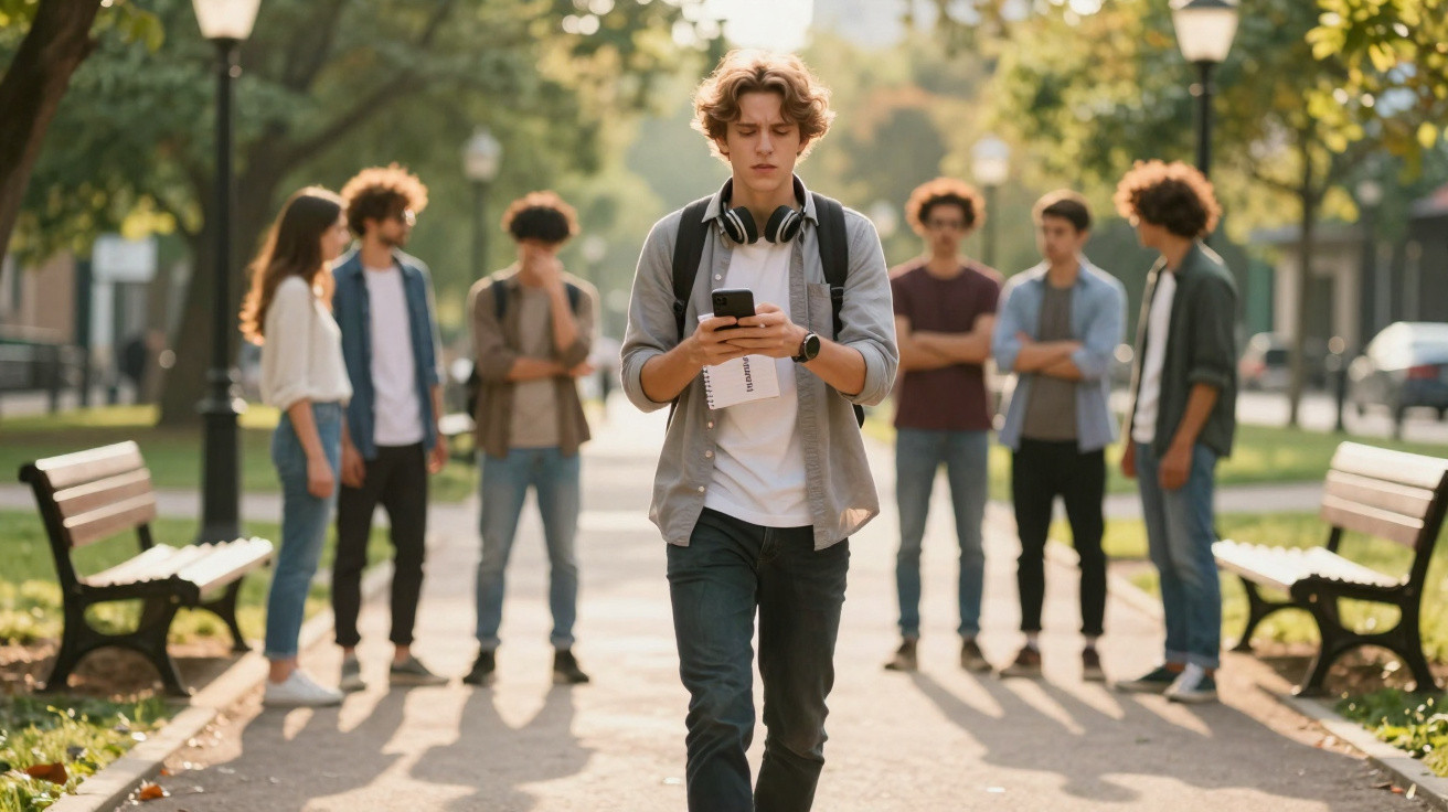 Jovem caminha sozinho no parque a olhar para o telemóvel, enquanto grupo de pessoas observa ao fundo.