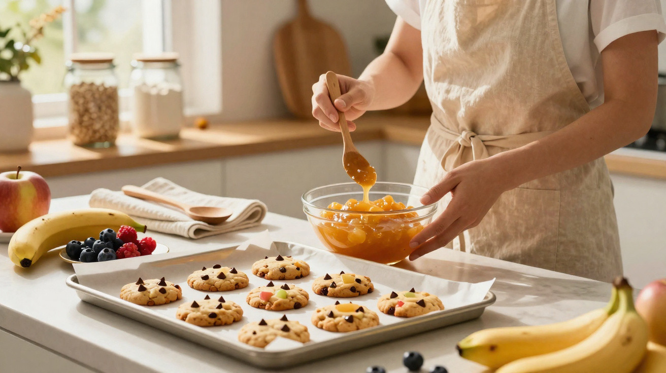 Pessoa a decorar bolachas com topping de caramelos numa cozinha iluminada.