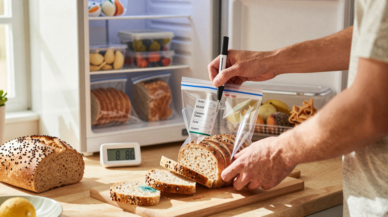 Pessoa a colocar fatias de pão numa embalagem com código de datas, com frigorífico aberto ao fundo.