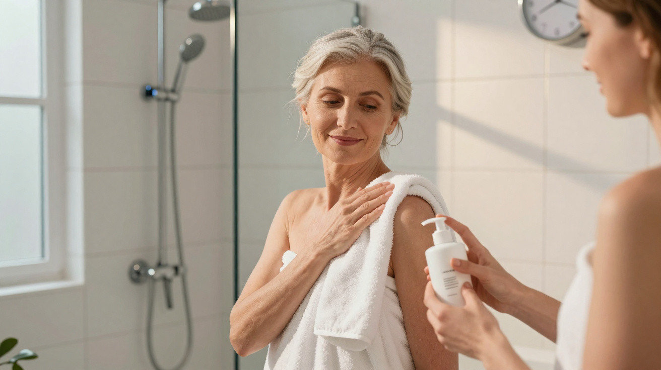 Duas mulheres com toalhas no corpo num banho, uma aplica creme na pele da outra num ambiente luminoso.