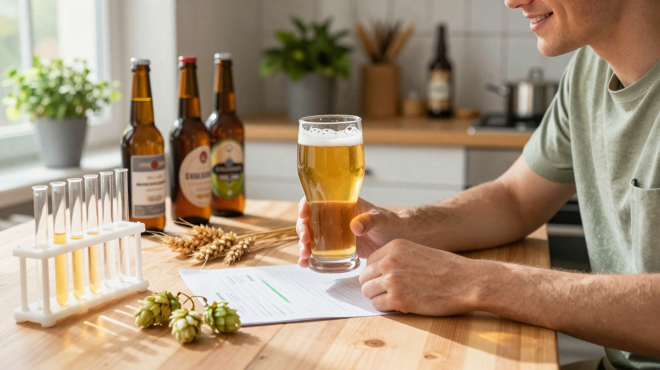 Pessoa a segurar um copo de cerveja, com garrafas, tubos de ensaio e ingredientes na mesa de madeira.