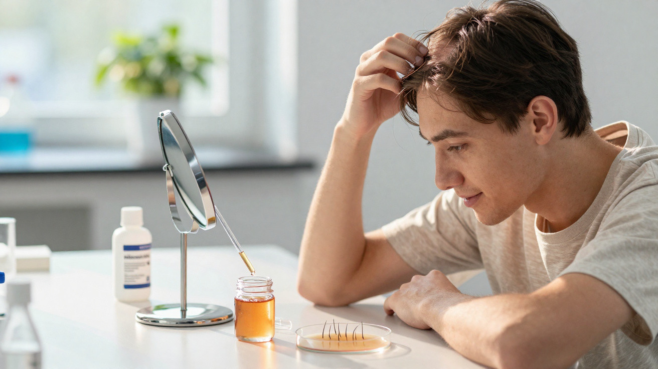 Homem observa fios de cabelo numa placa de petri com frascos de produtos ao lado numa mesa iluminada.