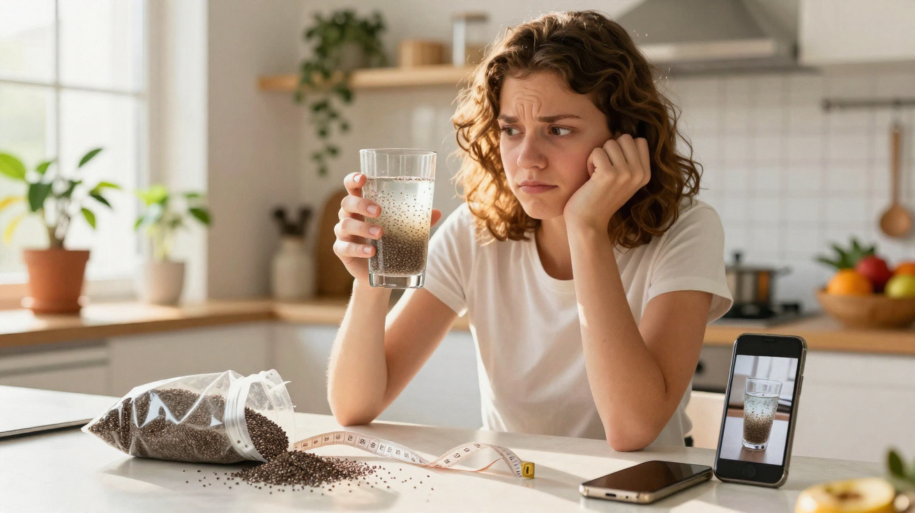 Mulher com expressão preocupada segura copo com sementes de chia na água numa cozinha moderna.
