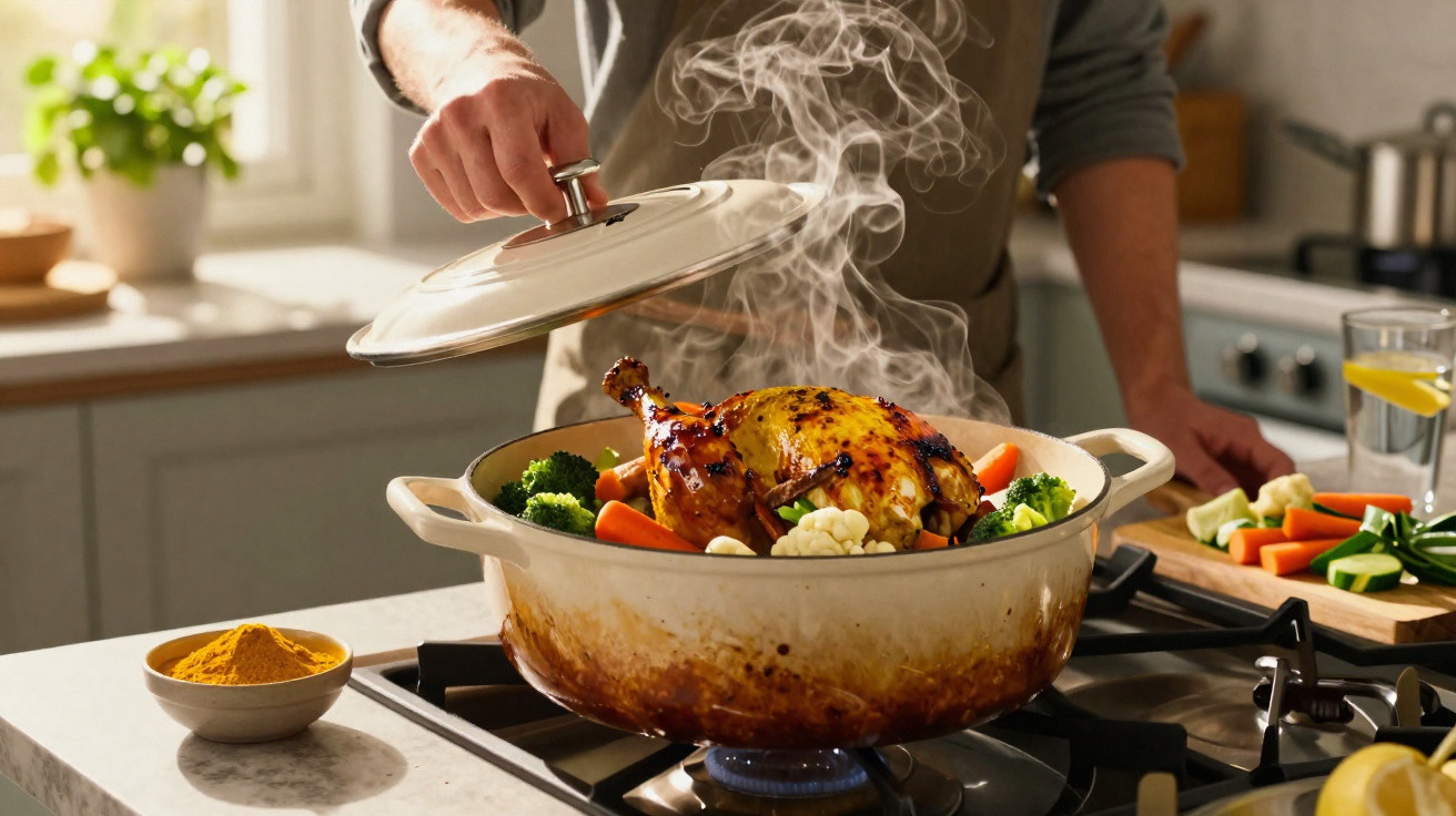 Panela quente com frango assado e legumes a vapor numa cozinha moderna.