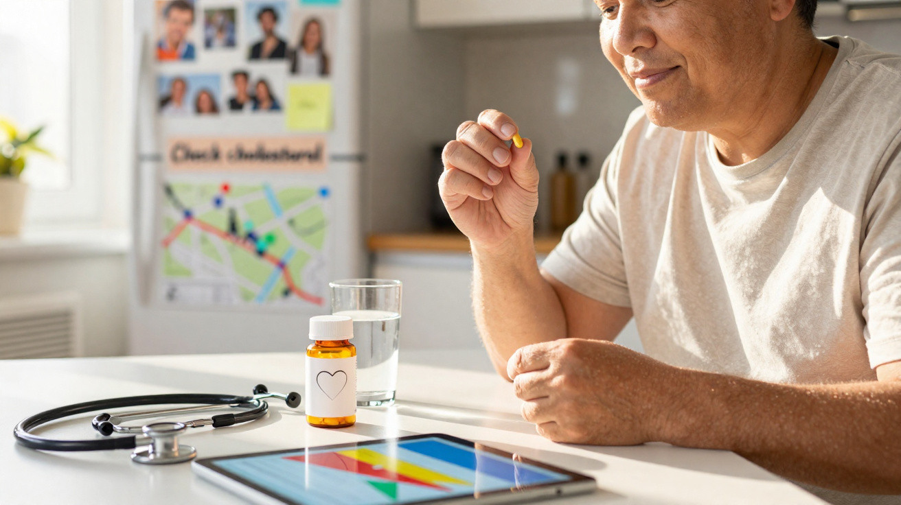 Homem a segurar um comprimido junto a um frasco de medicamento, um copo de água e um tablet sobre a mesa.