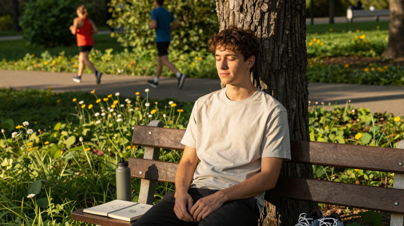 Jovem sentado num banco de parque, encostado a uma árvore, com olhos fechados a relaxar ao sol.