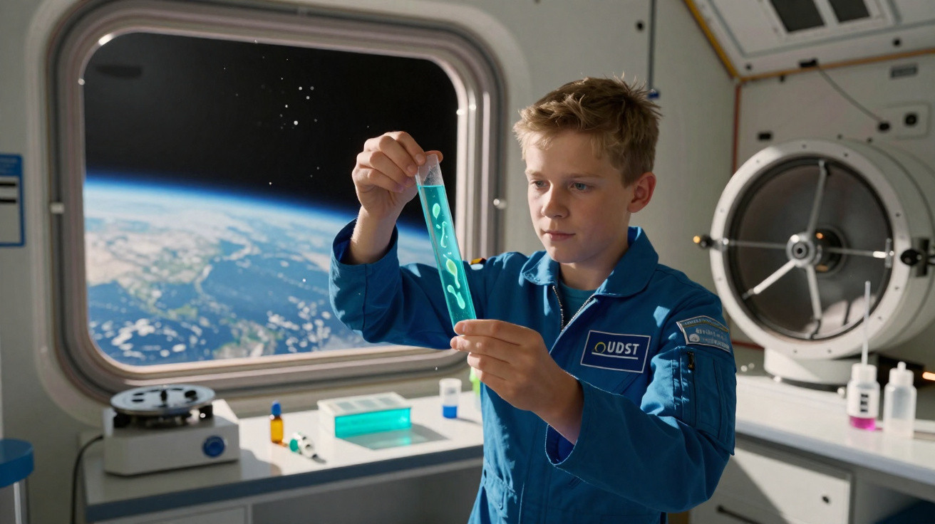 Criança com fato de astronauta a observar um tubo de ensaio num laboratório com vista para a Terra do espaço.
