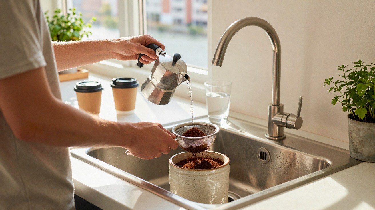 Pessoa a preparar café com cafeteira italiana e filtro num lavatório moderno com plantas e chávenas de papel.