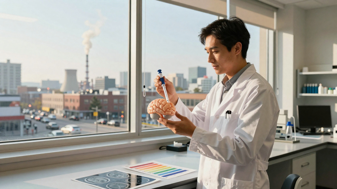 Cientista numa sala de laboratório segura um modelo de cérebro e usa pipeta com vista para a cidade.