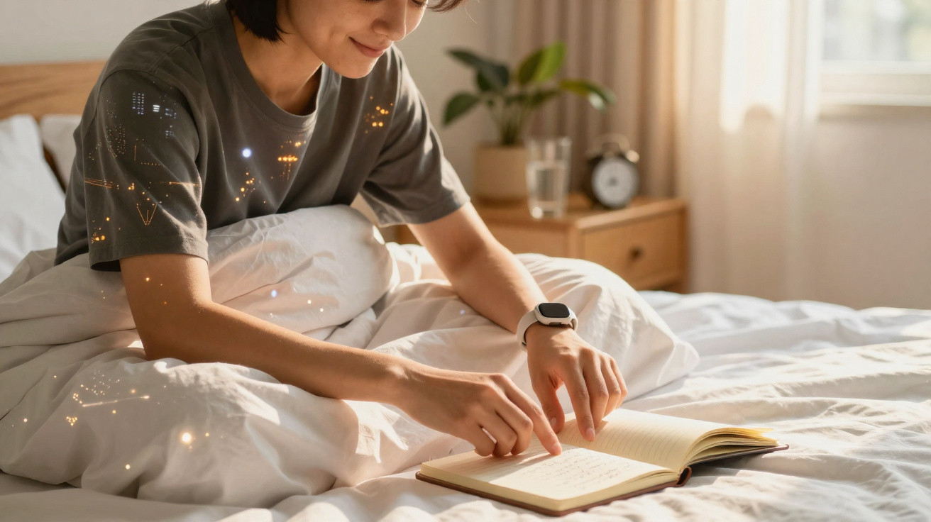 Pessoa a sorrir a ler um livro na cama, com luz natural e ambiente tranquilo no quarto.