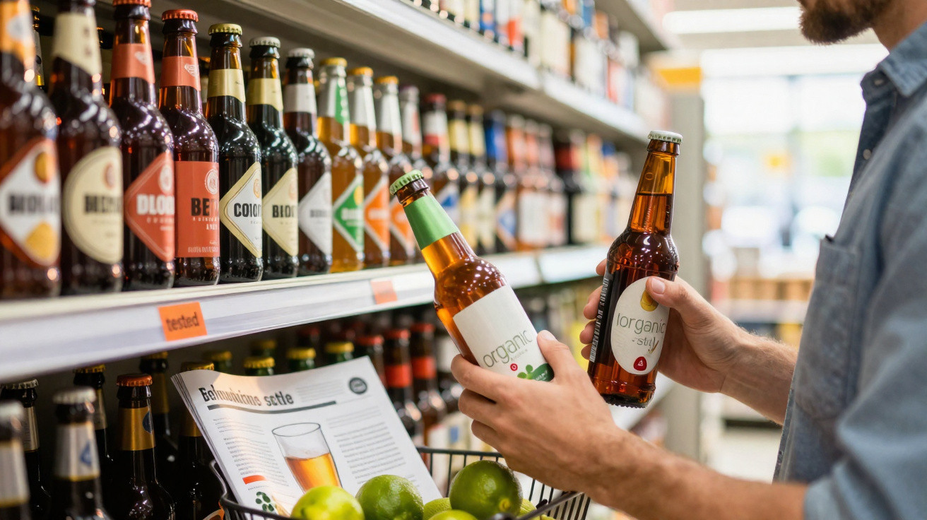 Pessoa a escolher entre duas cervejas na mão num supermercado, com prateleiras cheias de cervejas ao fundo.
