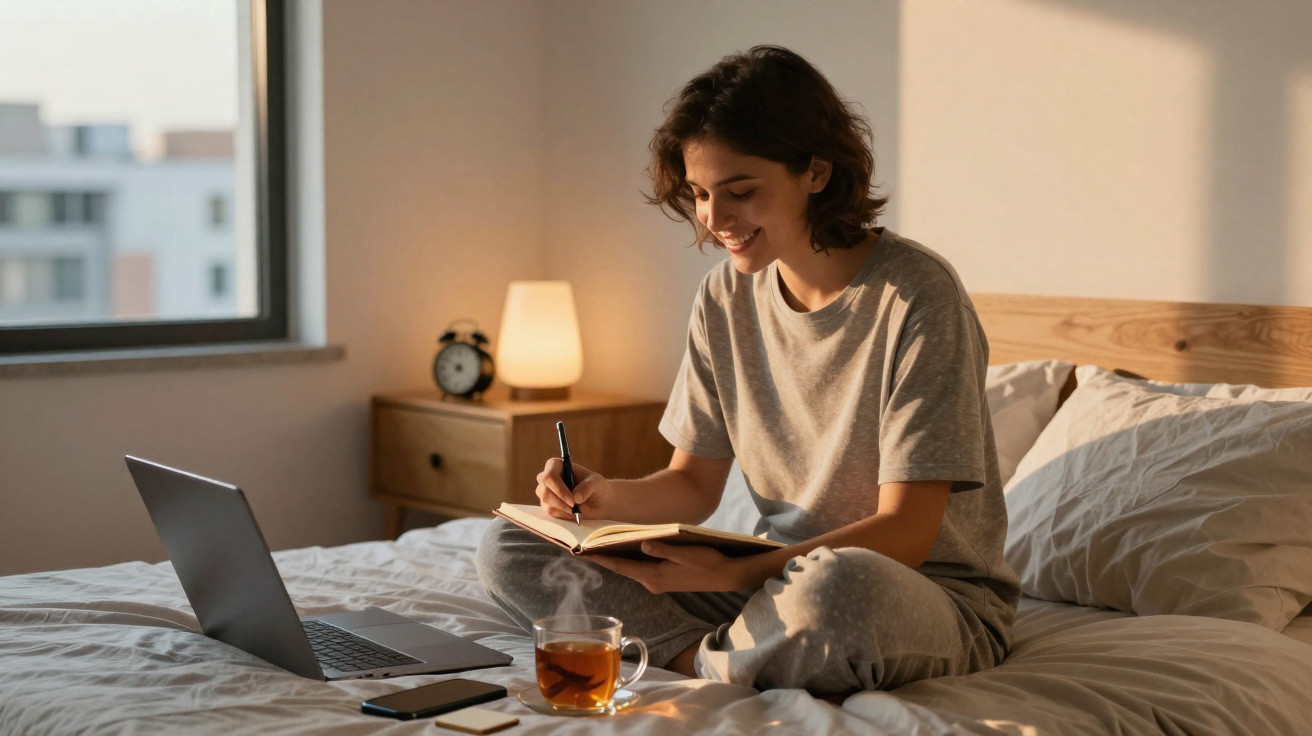Mulher sentada na cama a escrever num caderno, com chá quente, laptop e telemóvel na cama ao lado.