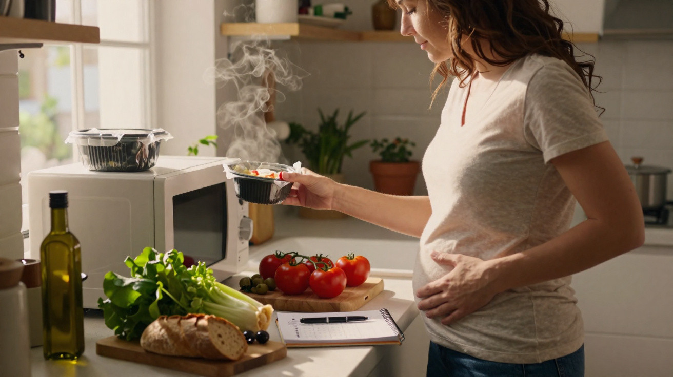 Mulher grávida a retirar refeição quente do micro-ondas numa cozinha com legumes e pão na bancada.