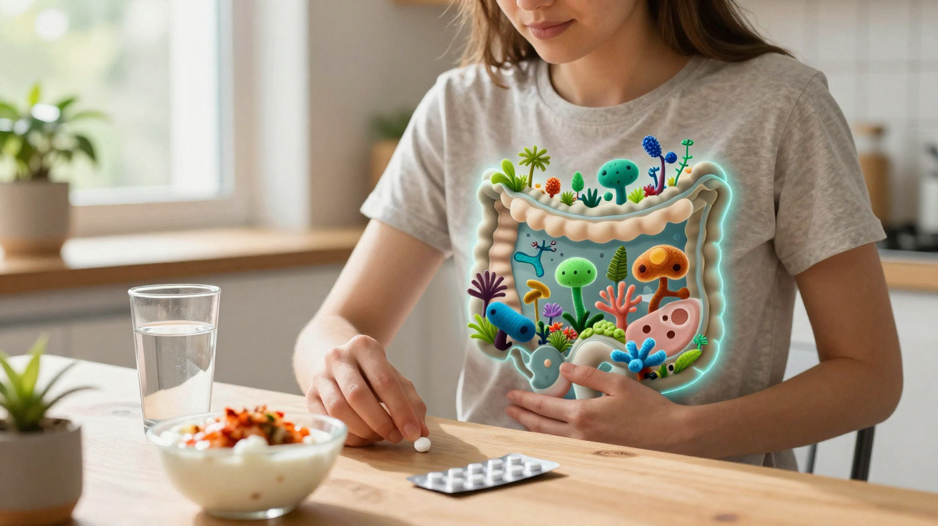 Mulher a tomar comprimido com ilustração colorida de intestino e flora intestinal sobreposta.