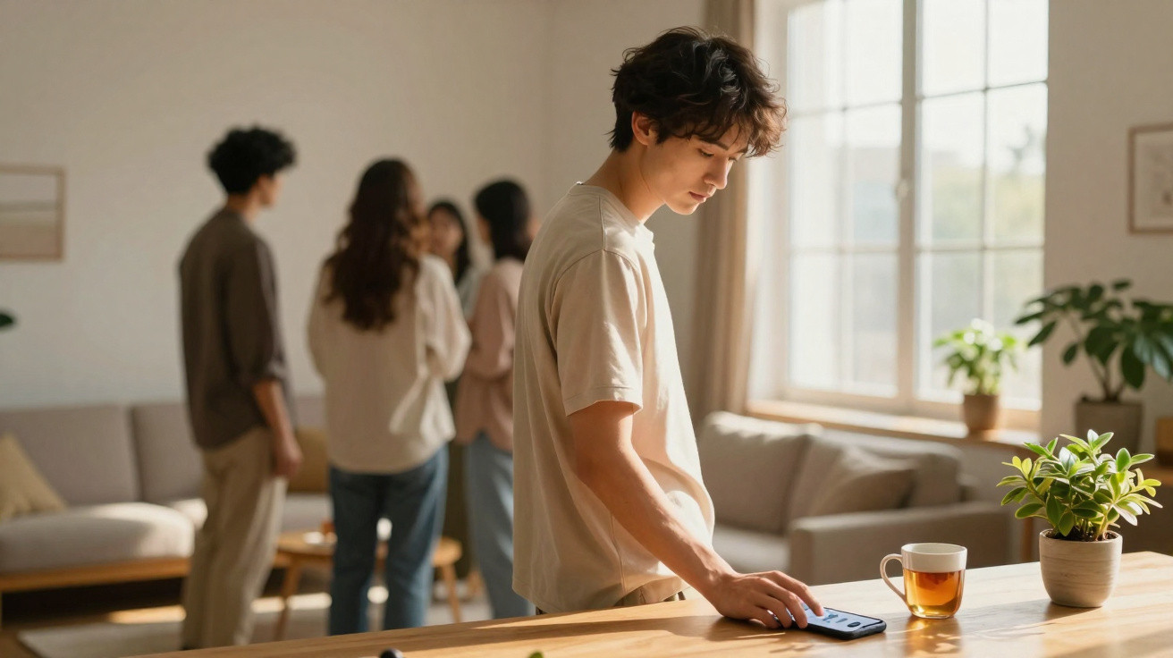 Jovem isolado a olhar para telemóvel numa sala com três pessoas a conversar ao fundo.