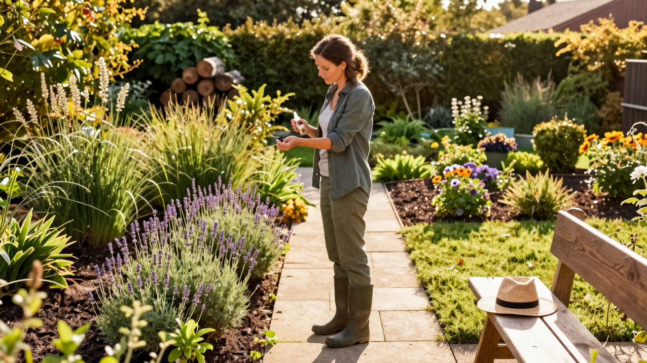 Mulher a cuidar do jardim com smartphone na mão, rodeada de plantas e flores coloridas ao sol.