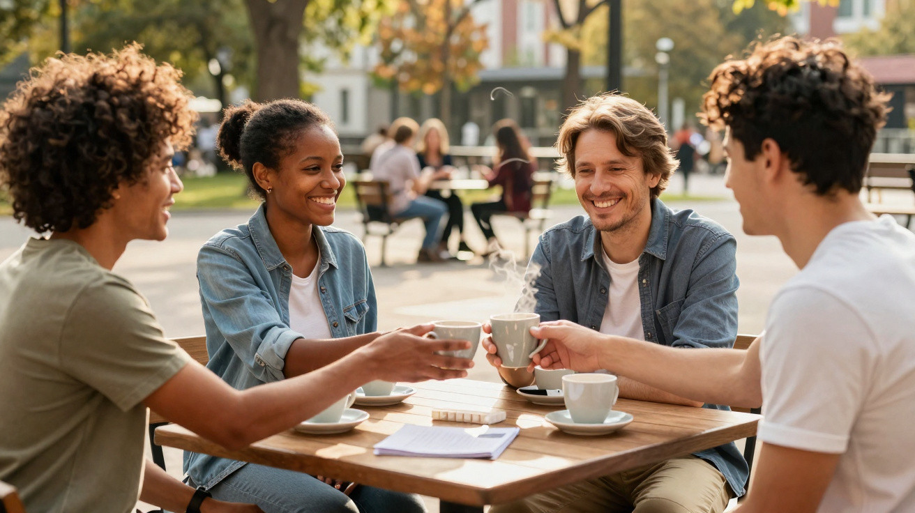 Quatro amigos a brindar com cafés num parque urbano ensolarado durante o dia.