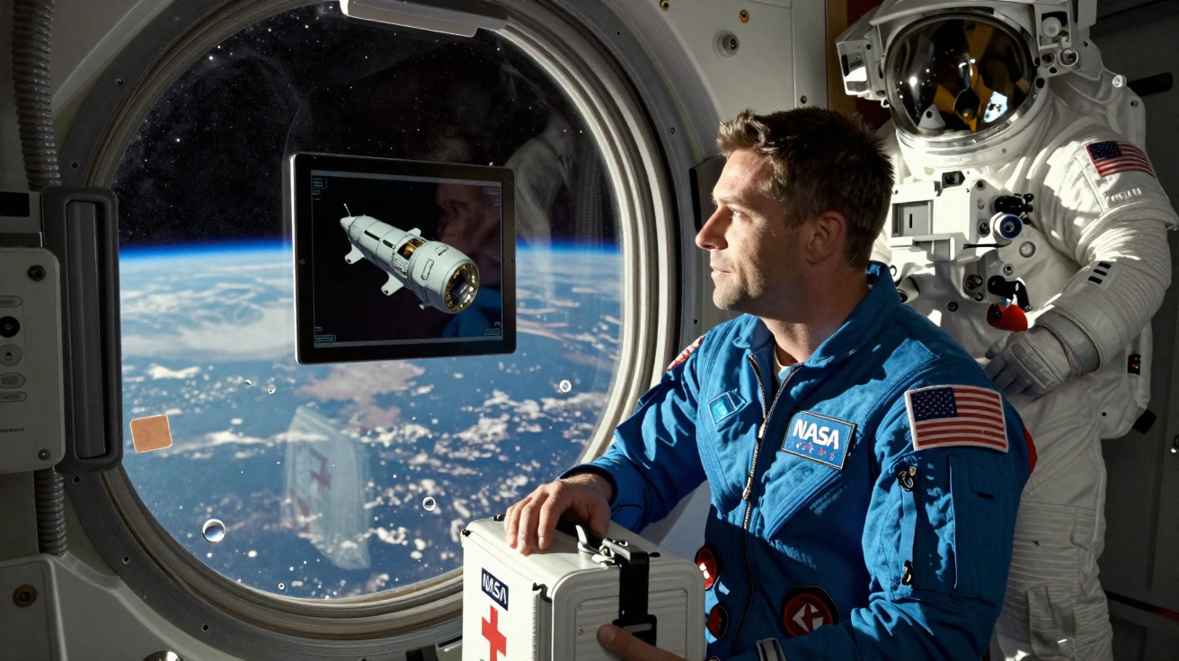 Astronauta da NASA observa a Terra do espaço pela janela da estação espacial com manequim de fato espacial ao fundo.