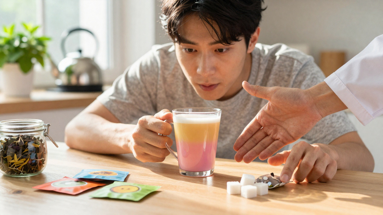 Homem observa bebida colorida enquanto outra pessoa aponta para cubos de açúcar à sua frente numa mesa.