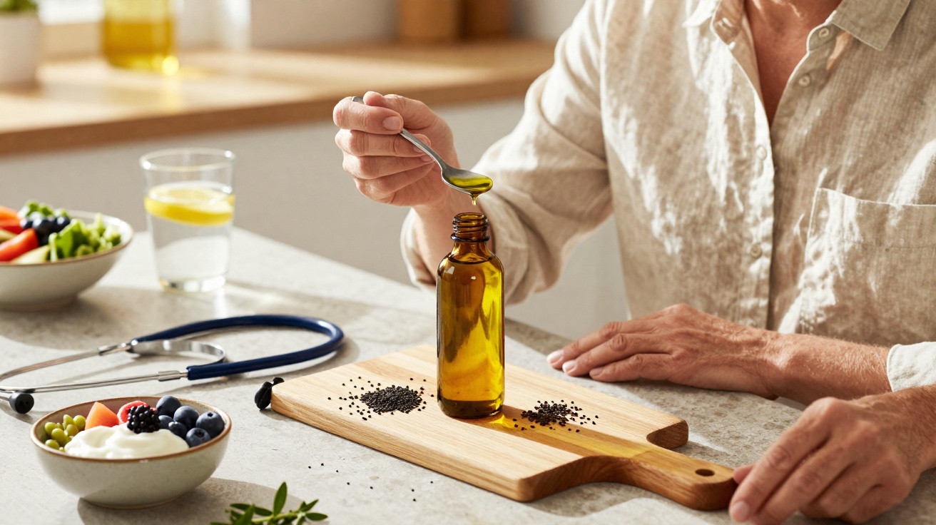 Pessoa a despejar óleo de sésamo num frasco junto a alimentos saudáveis e estetoscópio numa superfície de cozinha.