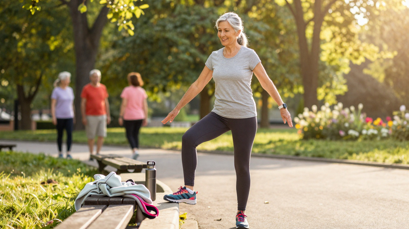 Mulher sénior a fazer exercícios de alongamento num parque iluminado pelo sol ao amanhecer.