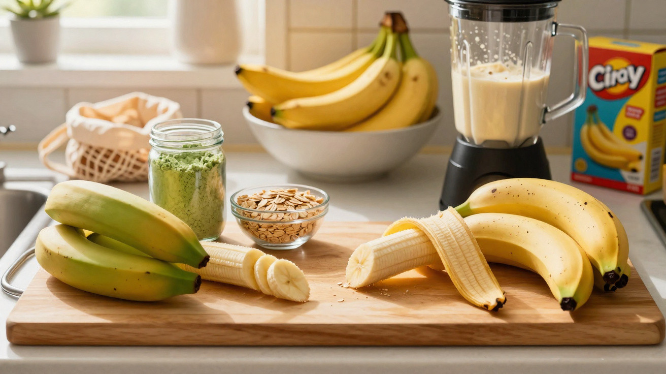 Tábuas com bananas, aveia, pó verde, liquidificador com batido e pacote de pó para batido de banana numa cozinha iluminada.