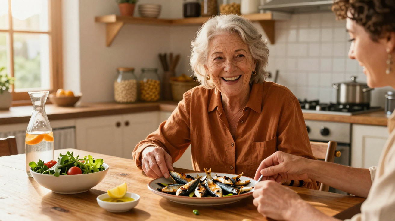 Duas mulheres a partilhar uma refeição com peixe e salada numa cozinha luminosa e acolhedora.