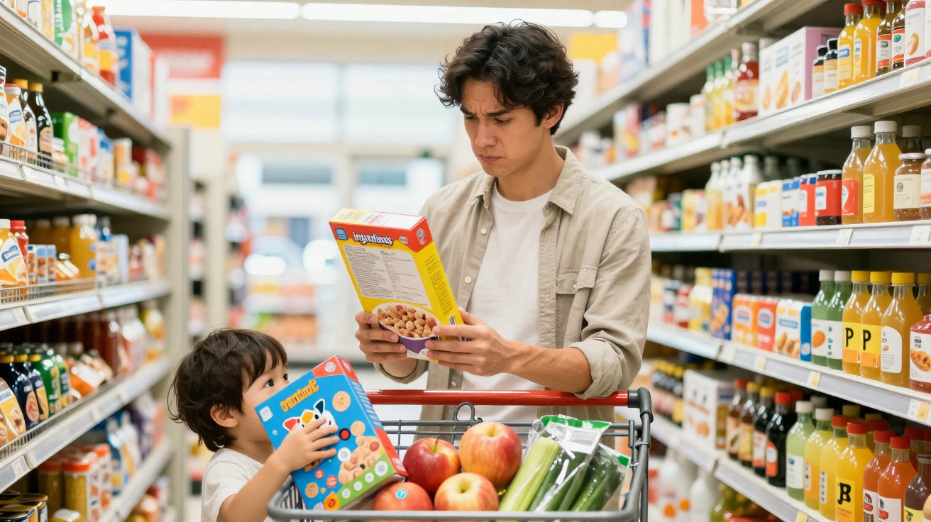 Homem e criança no supermercado a escolher cereais numa passagem entre prateleiras de sumos e alimentos.