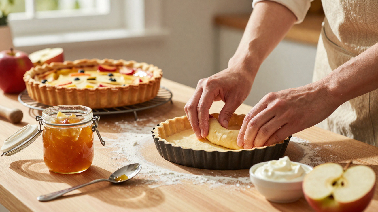 Pessoa a preparar tarte de maçã numa cozinha com ingredientes e tarte pronta ao fundo.