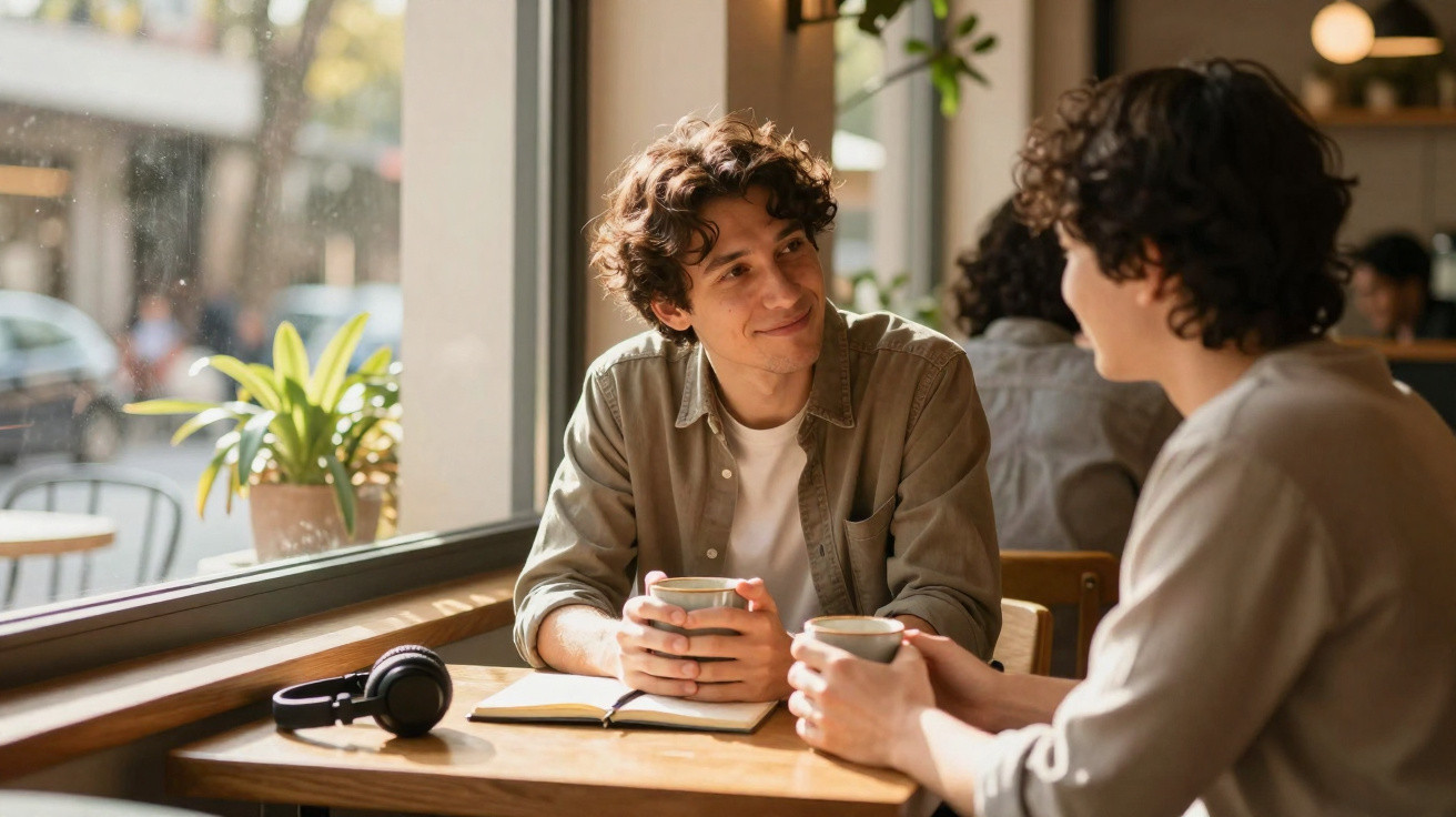 Duas pessoas conversam e tomam café numa mesa junto a uma janela luminosa, num ambiente acolhedor.