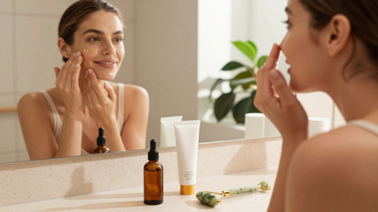 Mulher a aplicar creme facial com produtos de cuidados de pele numa casa de banho moderna.