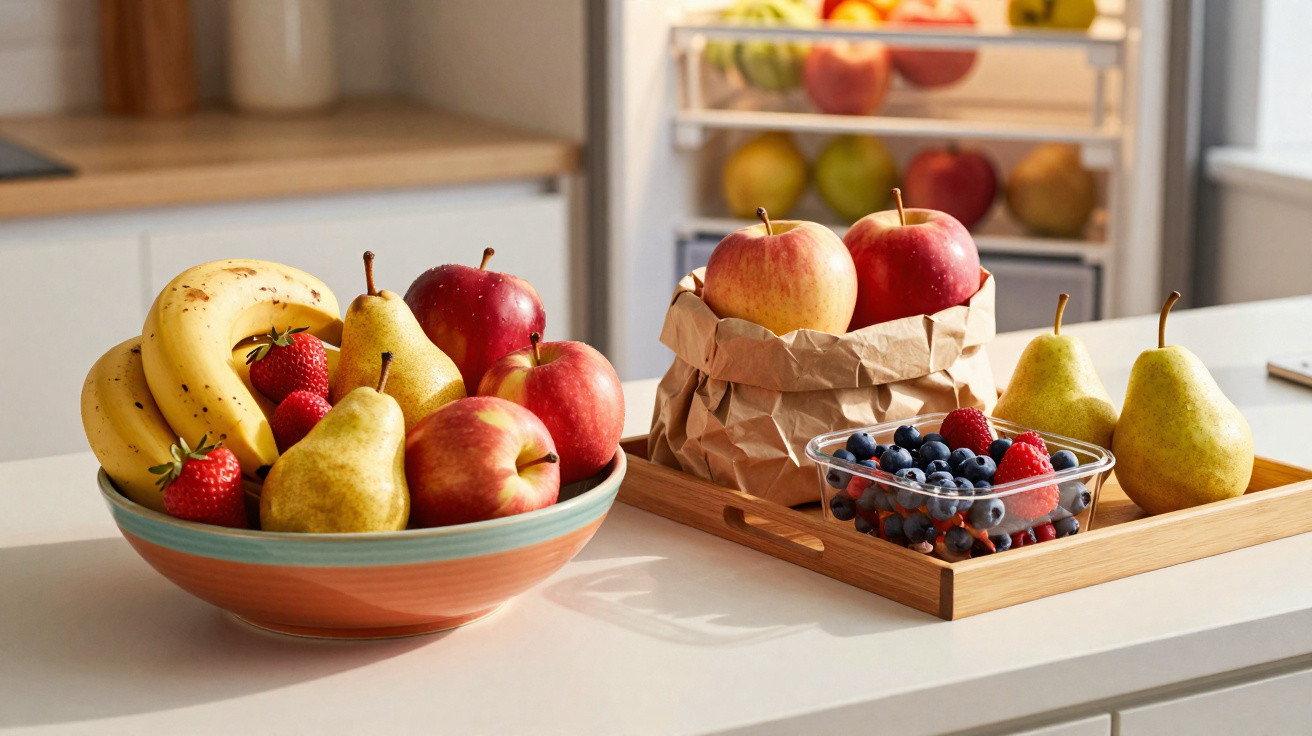 Fruteira com bananas, peras, maçãs e morangos ao lado de tabuleiro com maçãs, peras e caixa de frutos vermelhos numa cozinha.
