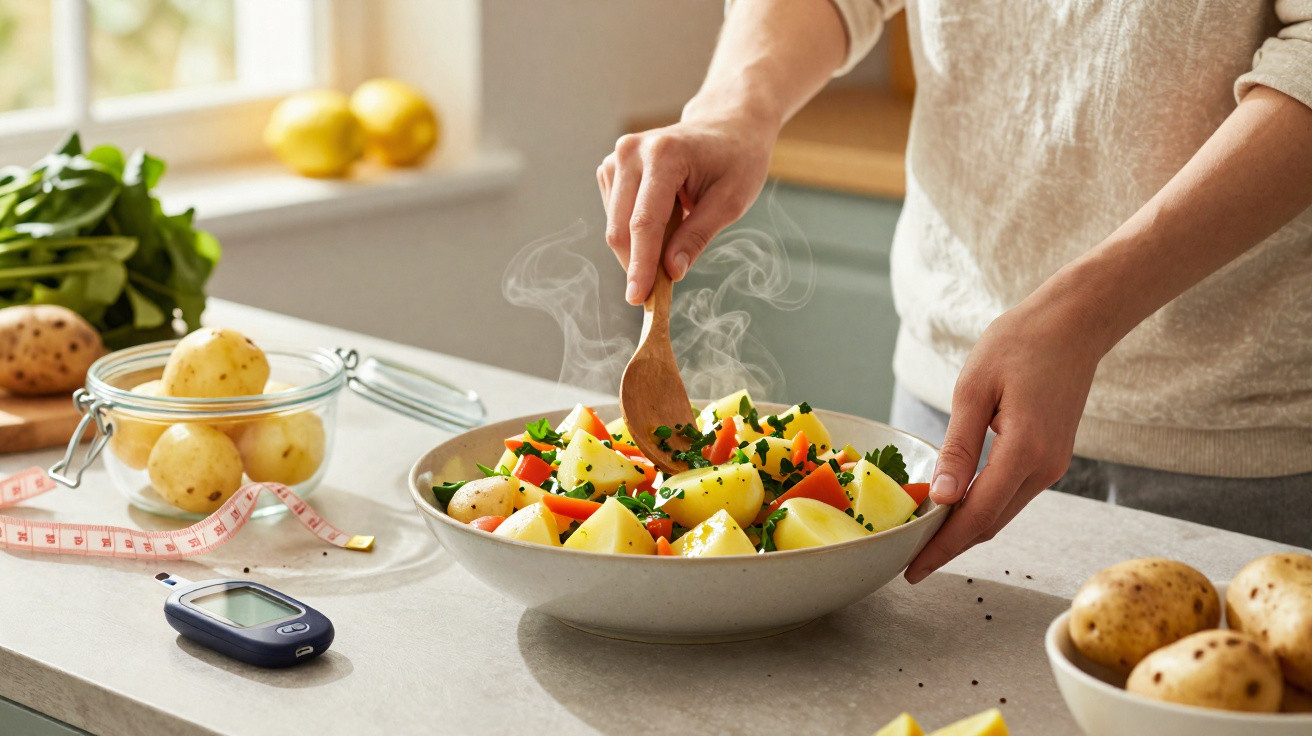 Pessoa a mexer uma salada de legumes cozinhados com batatas numa tigela, com medidor de glicose visível.