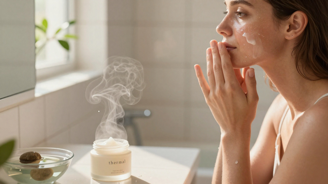 Mulher a aplicar creme facial num ambiente iluminado com frasco de creme fumegante à frente.