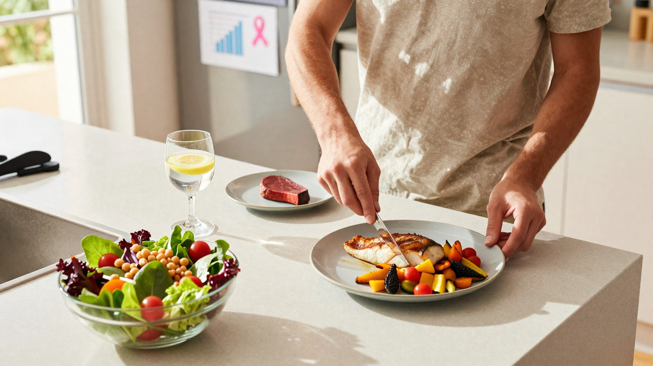 Pessoa a preparar prato com peixe grelhado, legumes e legumes frescos, com salada e água com limão na cozinha.